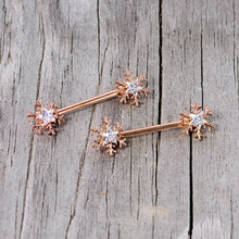 Load image into Gallery viewer, 14G 5/8 Clear Gem Rose Gold Hue Snowflake Barbell Nipple Ring Set
