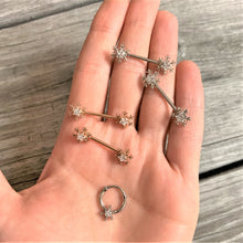 Load image into Gallery viewer, 14G 5/8 Clear Gem Snowflake Barbell Nipple Ring Set
