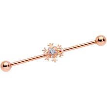 Load image into Gallery viewer, 14G Clear Gem Rose Gold Tone Snowflake Industrial Barbell 38mm
