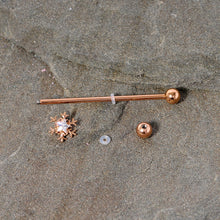 Load image into Gallery viewer, 14G Clear Gem Rose Gold Tone Snowflake Industrial Barbell 38mm
