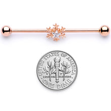 Load image into Gallery viewer, 14G Clear Gem Rose Gold Tone Snowflake Industrial Barbell 38mm
