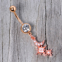 Load image into Gallery viewer, Clear CZ Gem Rose Gold Tone Moon Stars Dangle Belly Ring
