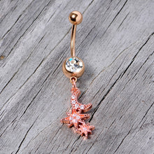 Load image into Gallery viewer, Clear CZ Gem Rose Gold Tone Moon Stars Dangle Belly Ring
