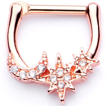 Load image into Gallery viewer, 16G 1/4 Clear CZ Gem Rose Gold Tone Moon Stars Cartilage Clicker
