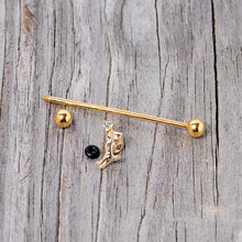 Load image into Gallery viewer, 14G Blue Gem Gold Tone Leaping Cat Industrial Barbell 38mm
