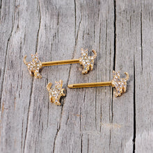Load image into Gallery viewer, 14G 9/16 Clear Gem Gold Tone Glamour Cat Barbell Nipple Ring Set
