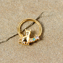 Load image into Gallery viewer, 16G 3/8 Blue Clear Gem Gold Tone Cat Hinged Segment Ring
