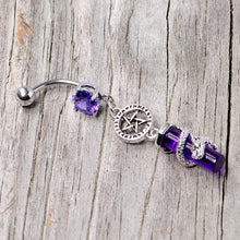 Load image into Gallery viewer, Purple CZ Gem Witch Way Dragon Pentagram Dangle Belly Ring
