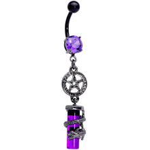 Load image into Gallery viewer, Purple CZ Gem Black Witch Way Dragon Pentagram Dangle Belly Ring
