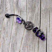 Load image into Gallery viewer, Purple CZ Gem Black Witch Way Dragon Pentagram Dangle Belly Ring
