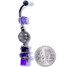 Load image into Gallery viewer, Purple CZ Gem Black Witch Way Dragon Pentagram Dangle Belly Ring

