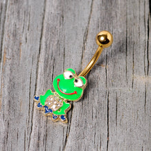 Load image into Gallery viewer, Clear Gem Gold Tone Green Goofy Frog Belly Ring
