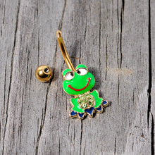 Load image into Gallery viewer, Green Gem Gold Tone Green Goofy Frog Belly Ring
