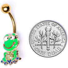 Load image into Gallery viewer, Green Gem Gold Tone Green Goofy Frog Belly Ring
