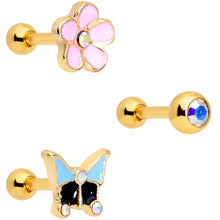 Load image into Gallery viewer, 16G 1/4 Aurora Gem Gold Tone Flower Cartilage Tragus Set of 3
