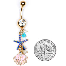 Load image into Gallery viewer, Clear Blue Gem Gold Tone Ocean Treasure Nautical Dangle Belly Ring
