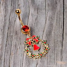 Load image into Gallery viewer, Red Gem Gold Tone Holiday Bell Wreath Christmas Dangle Belly Ring
