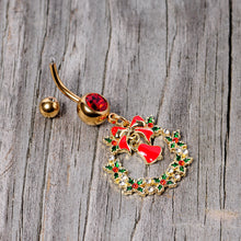 Load image into Gallery viewer, Red Gem Gold Tone Holiday Bell Wreath Christmas Dangle Belly Ring
