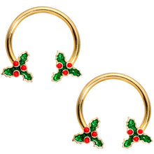 Load image into Gallery viewer, 14G 9/16 Gold Tone Holly Christmas Horseshoe Nipple Ring Set
