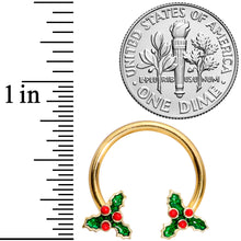 Load image into Gallery viewer, 14G 9/16 Gold Tone Holly Christmas Horseshoe Nipple Ring Set
