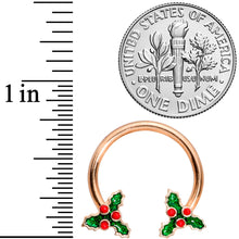 Load image into Gallery viewer, 14G 9/16 Rose Gold Tone Holly Christmas Horseshoe Nipple Ring Set
