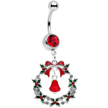 Load image into Gallery viewer, Red Gem Holiday Bell Wreath Christmas Dangle Belly Ring
