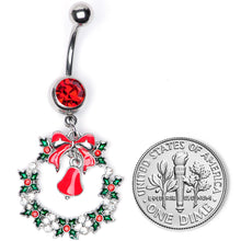 Load image into Gallery viewer, Red Gem Holiday Bell Wreath Christmas Dangle Belly Ring

