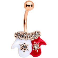 Load image into Gallery viewer, Clear Gem Rose Gold Tone Winter Mittens Snowflake Christmas Belly Ring
