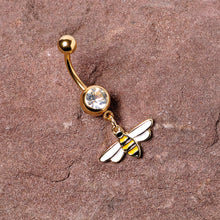 Load image into Gallery viewer, Clear Gem Gold Tone Striped Bee Dangle Belly Ring

