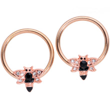 Load image into Gallery viewer, 14G 9/16 Black Clear Gem Rose Gold Tone Bee BCR Nipple Ring Set
