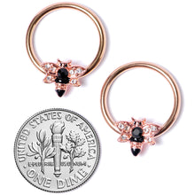 Load image into Gallery viewer, 14G 9/16 Black Clear Gem Rose Gold Tone Bee BCR Nipple Ring Set
