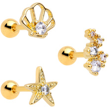 Load image into Gallery viewer, 16G 1/4 Clear CZ Gem Gold Tone Nautical Cartilage Tragus Set of 3
