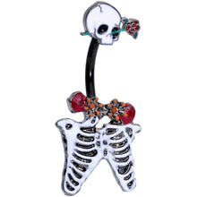 Load image into Gallery viewer, Black Skeleton Skull Rose Halloween Double Mount Belly Ring
