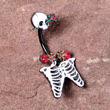 Load image into Gallery viewer, Black Skeleton Skull Rose Halloween Double Mount Belly Ring
