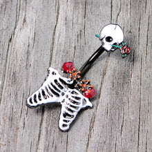 Load image into Gallery viewer, Black Skeleton Skull Rose Halloween Double Mount Belly Ring
