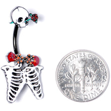Load image into Gallery viewer, Black Skeleton Skull Rose Halloween Double Mount Belly Ring
