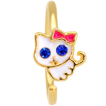 Load image into Gallery viewer, 18G 3/8 Blue CZ Gem Gold Tone Sweet Kitty Cat Nose Hoop
