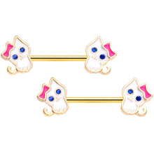 Load image into Gallery viewer, 14G 9/16 Blue Gem Gold Tone Kitty Cat Barbell Nipple Ring Set
