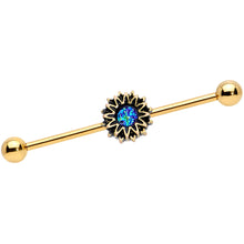 Load image into Gallery viewer, 14G Aqua Gem Gold Tone Sunburst Flower Industrial Barbell 38mm
