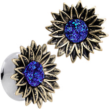 Load image into Gallery viewer, Blue Faux Druzy Sunburst Flower Double Flare Plug Set 2G to 1"

