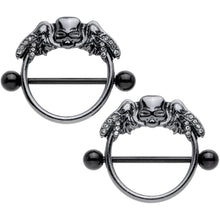 Load image into Gallery viewer, 14G 7/8 Clear Gem Black Winged Skull Halloween Nipple Shield Set
