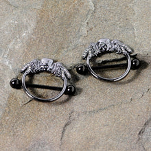 Load image into Gallery viewer, 14G 7/8 Clear Gem Black Winged Skull Halloween Nipple Shield Set
