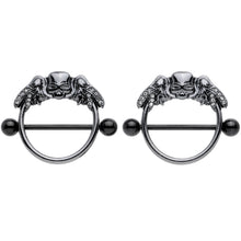 Load image into Gallery viewer, 14G 7/8 Clear Gem Black Winged Skull Halloween Nipple Shield Set
