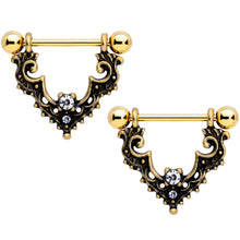Load image into Gallery viewer, 14G 9/16 Clear Gem Gold Tone Baroque Bat Nipple Shield Set
