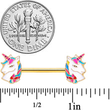 Load image into Gallery viewer, 14G 9/16 Gold Tone Rainbow Unicorn Barbell Nipple Ring Set
