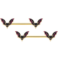 Load image into Gallery viewer, 14G 9/16 Pink Gem Gold Tone Bat Halloween Barbell Nipple Ring Set
