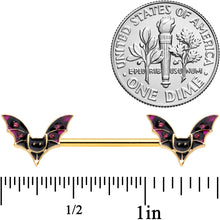 Load image into Gallery viewer, 14G 9/16 Pink Gem Gold Tone Bat Halloween Barbell Nipple Ring Set
