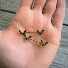 Load image into Gallery viewer, 14G 9/16 Pink Gem Gold Tone Bat Halloween Barbell Nipple Ring Set
