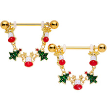 Load image into Gallery viewer, 14G 9/16 Gold Tone Reindeer Christmas Tree Dangle Nipple Ring Set
