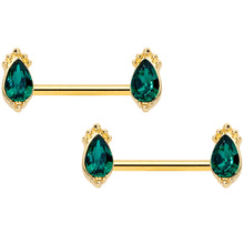 Load image into Gallery viewer, 14G 9/16 Green Gem Gold Tone Drop Barbell Nipple Ring Set
